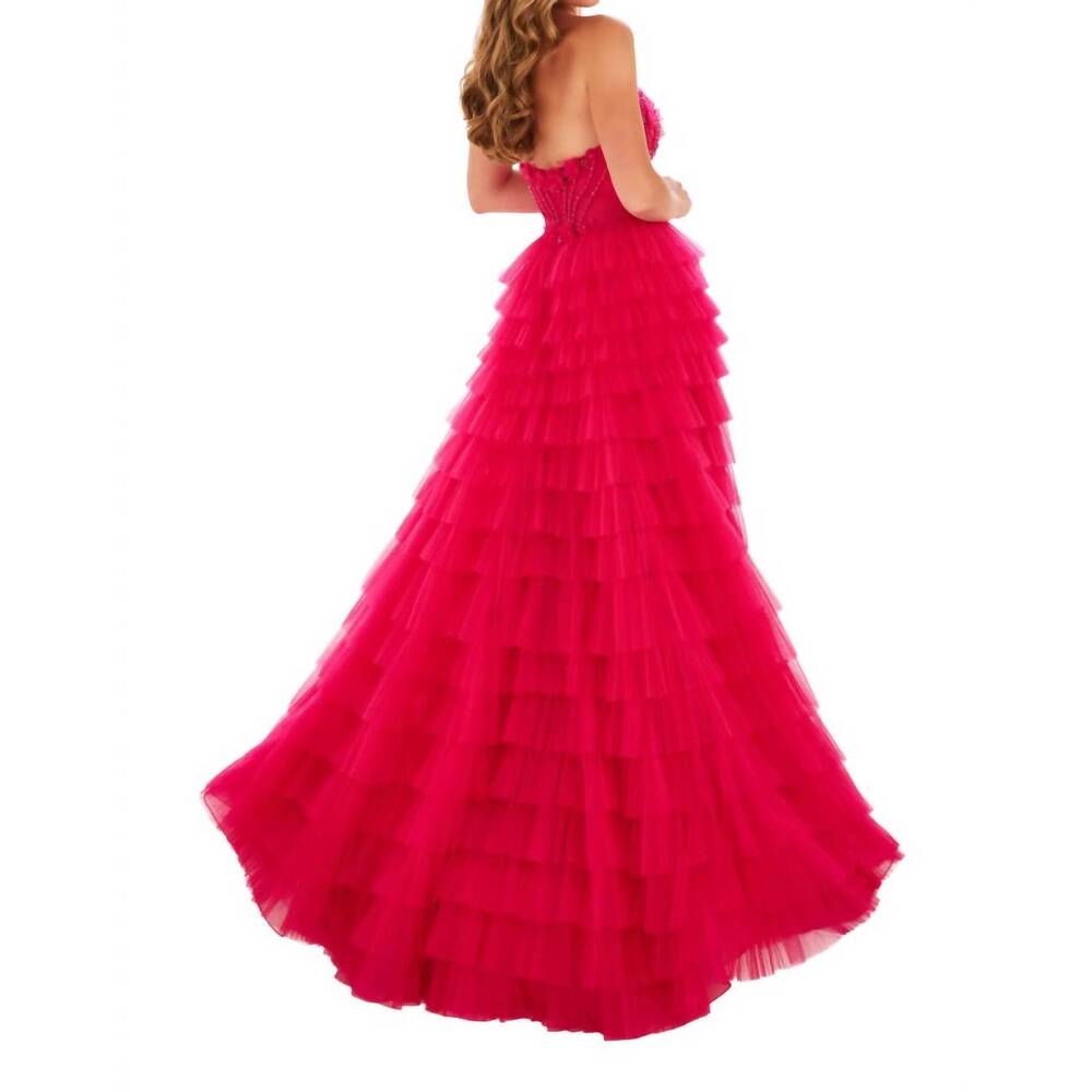 NEW ELLIE WILDE tiered ruffle gown with sheer corset bodice in magenta - Picture 2 of 3